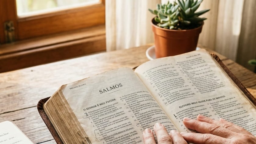 Mão de pessoa idosa sobre Bíblia aberta em "SALMOS", ao lado de caderno de anotações.