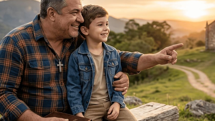 Homem com uma Bíblia e um menino sentados num tronco, apontando para uma capela.