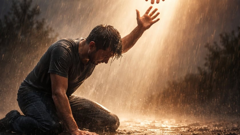 Homem ajoelhado na chuva estende a mão para outra mão que desce do céu.