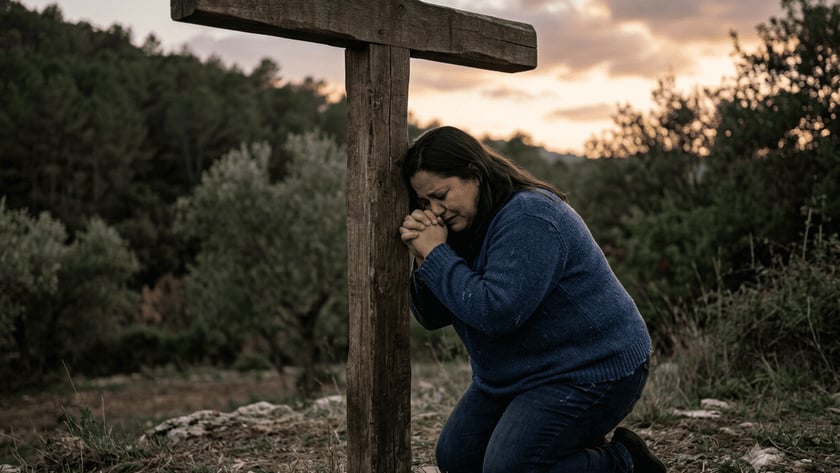 Mulher ajoelhada, de mãos postas, encosta a cabeça numa grande cruz de madeira ao ar livre.