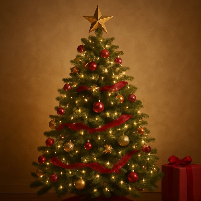 Árvore de Natal com luzes, bolas vermelhas e douradas, fitas vermelhas e estrela dourada no topo.