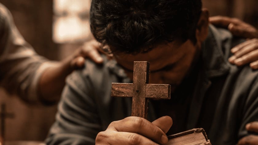 Homem de cabeça baixa segura cruz de madeira e Bíblia enquanto mãos tocam seus ombros.