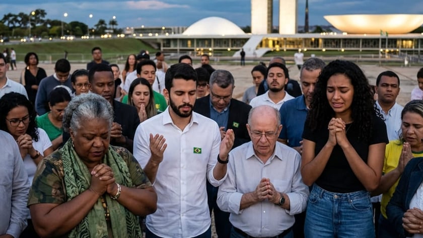 Grupo de pessoas de olhos fechados e mãos juntas rezando diante de edifício com duas torres.