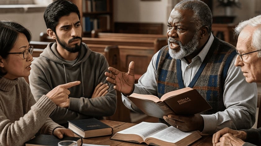 Três pessoas conversam em volta de uma mesa com Bíblias dentro de uma igreja.