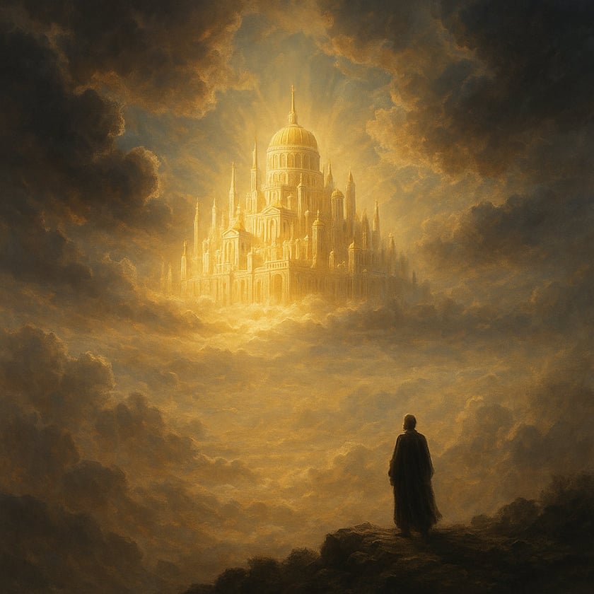 Figura de manto em um penhasco contempla um palácio dourado com cúpula sobre as nuvens.