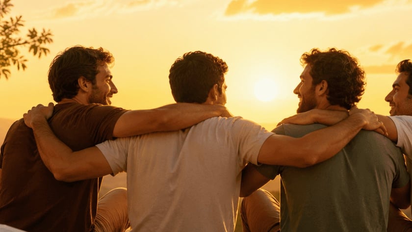 Três homens sentados abraçados numa colina ao pôr do sol, com uma Bíblia aberta e uma lanterna.