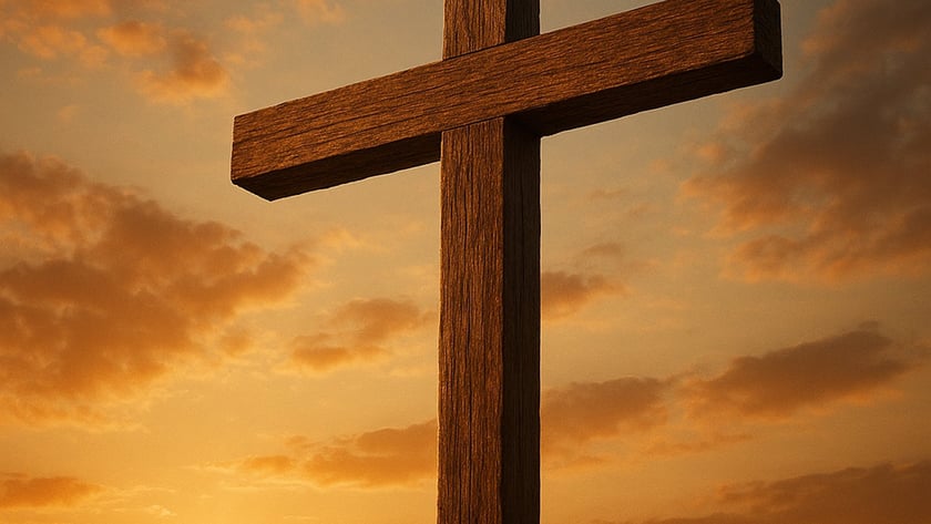 Cruz de madeira rústica contra o céu alaranjado com nuvens e o sol baixo.