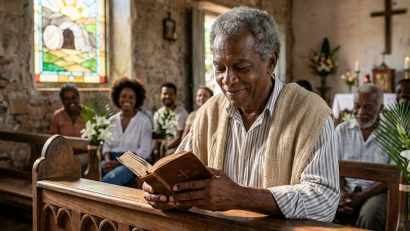 Homem grisalho lê uma Bíblia num banco de igreja, com pessoas sorrindo ao fundo.
