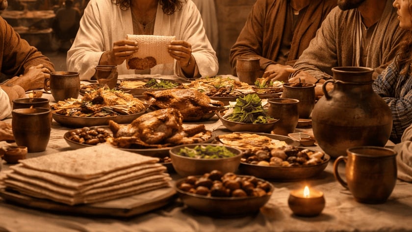 Homem de cabelo comprido segura pão sem fermento à mesa farta com quatro homens.