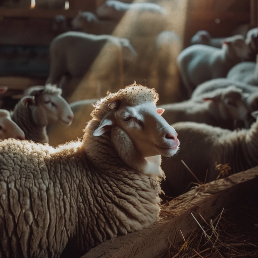 Uma ovelha de lã densa olha para o lado em um celeiro com outras ovelhas.