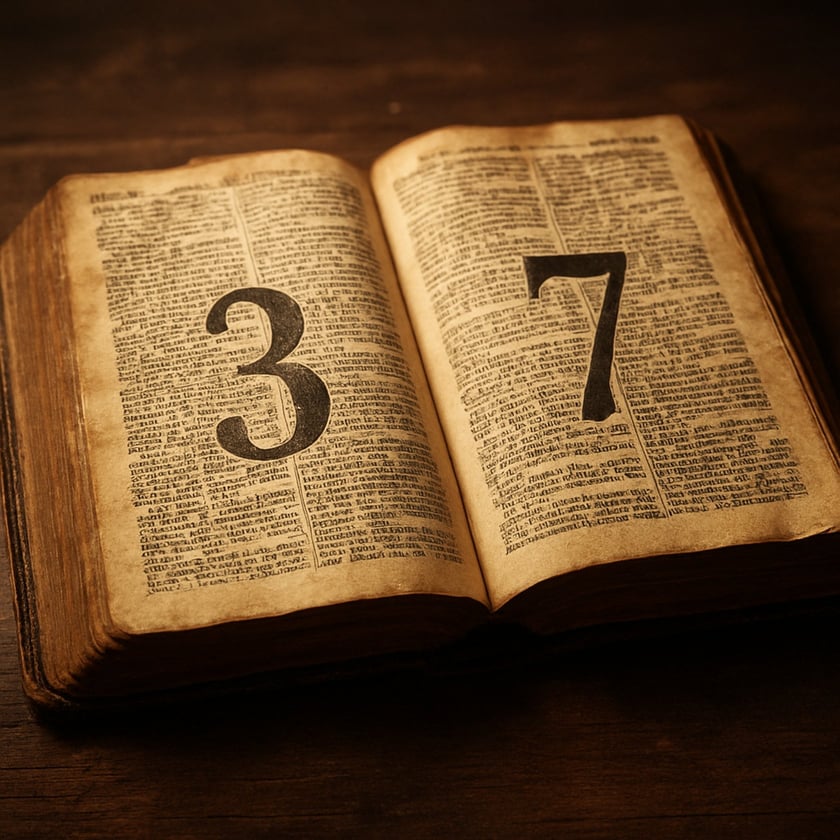Livro antigo aberto sobre mesa de madeira, com os números "3" e "7" nas páginas.