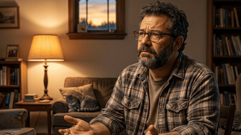 Homem barbudo de óculos e camisa xadrez gesticula sentado à mesa de madeira na sala.