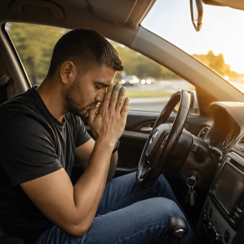 Homem de camiseta escura sentado ao volante, com as mãos unidas diante do rosto e olhos fechados.