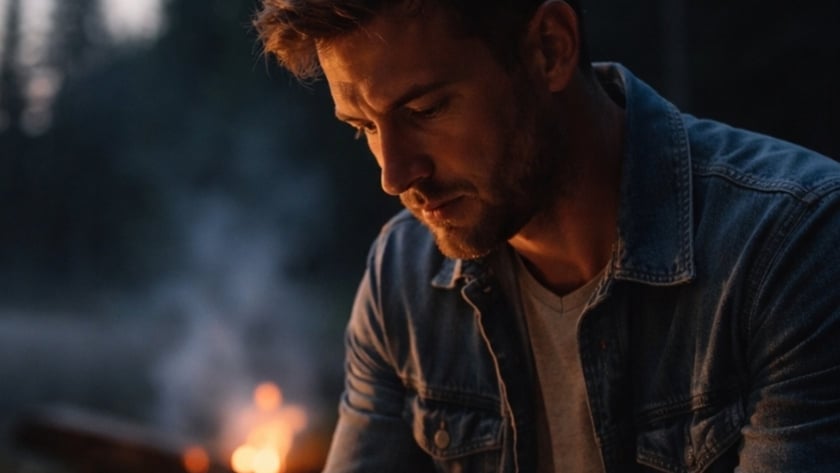 Homem de camisa jeans lê um livro ao lado de uma lanterna acesa, perto de um lago.