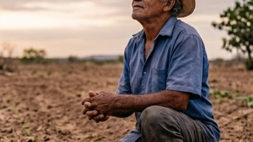 Homem idoso de chapéu de palha agachado em terra seca, olhando para o céu.