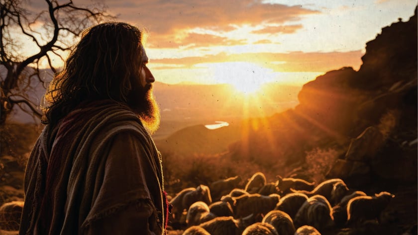 Homem barbudo de cabelo longo e manto observa um rebanho de ovelhas ao pôr do sol.