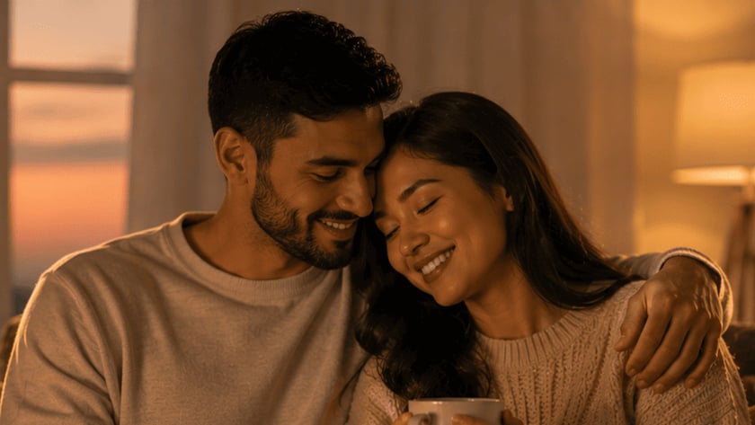 Casal sorrindo abraçado no sofá, com xícaras e uma Bíblia aberta na mesa.