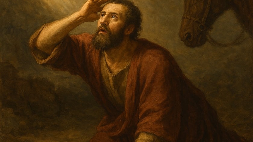 Homem barbudo de túnica vermelha ajoelhado protege os olhos da luz; um cavalo aparece ao fundo.