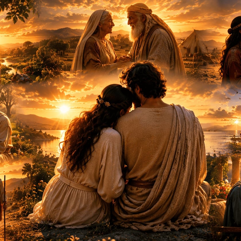 Casais em trajes antigos se abraçam ao pôr do sol; no centro, um casal sentado de costas.