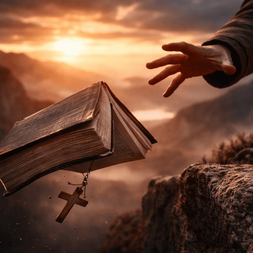 Mão estendida em direção a uma Bíblia com crucifixo caindo de um penhasco ao pôr do sol.