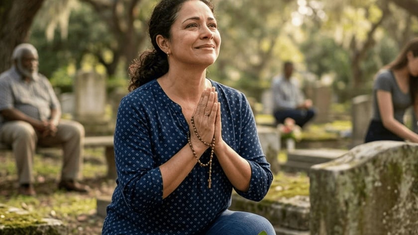 Mulher ajoelhada com um terço entre as mãos junto a um túmulo com uma rosa vermelha.