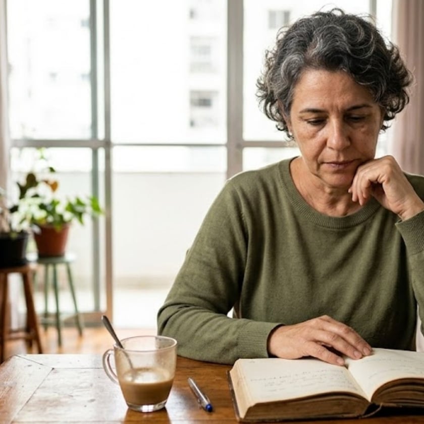 Mulher de cabelo grisalho e suéter verde lê um livro aberto à mesa.