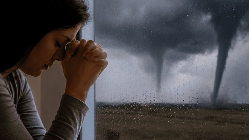 Mulher de cabeça baixa e mãos unidas junto à janela, com tornados lá fora.