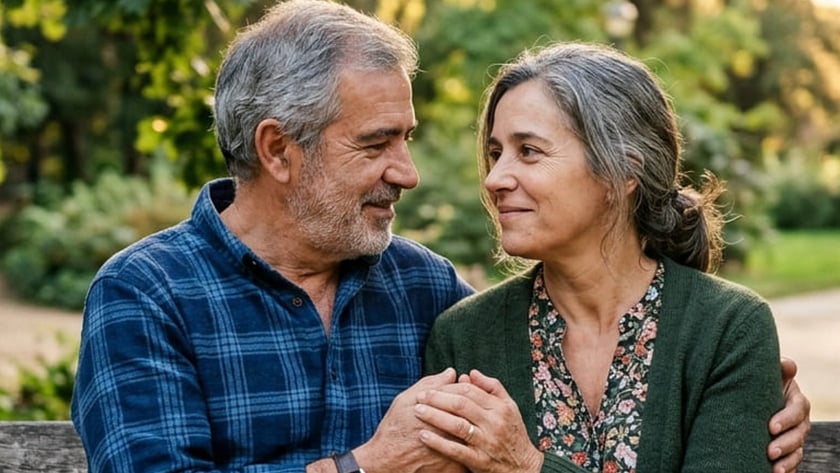 Casal de meia-idade sentado em um banco de parque, de mãos dadas, olhando-se.