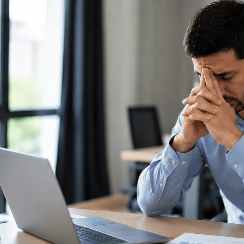 Homem de camisa azul apoia o rosto nas mãos diante de um notebook, em escritório.