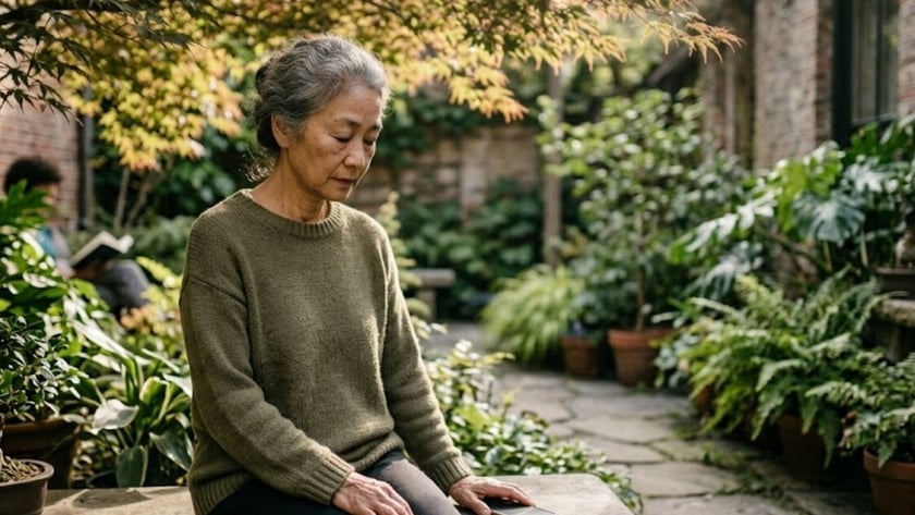 Mulher idosa de cabelo grisalho e suéter verde senta de olhos fechados em um jardim.