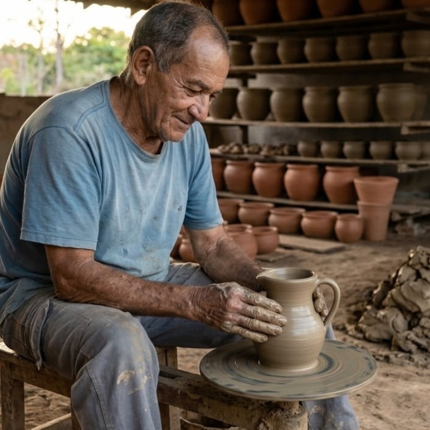 Homem idoso molda uma jarra de barro em um torno, numa olaria.
