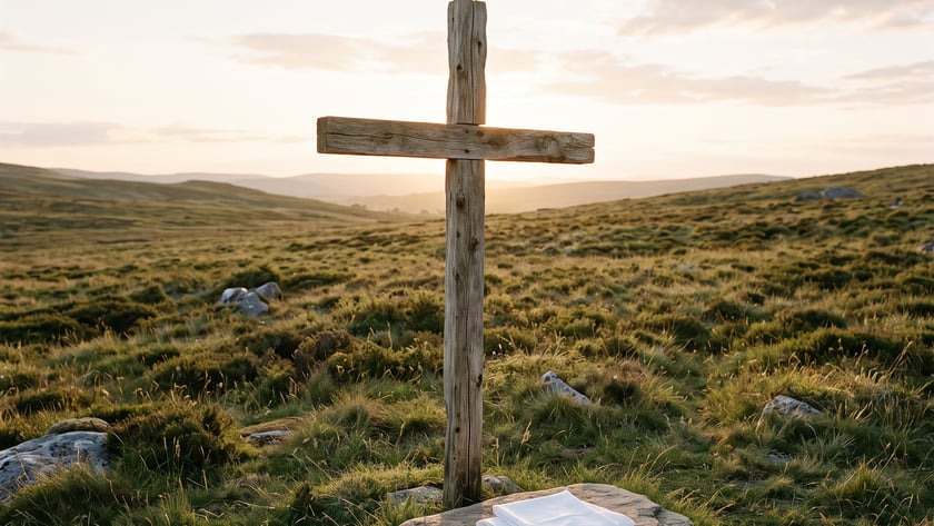Cruz de madeira em campo de relva ao pôr do sol, com um pano branco dobrado sobre uma pedra.
