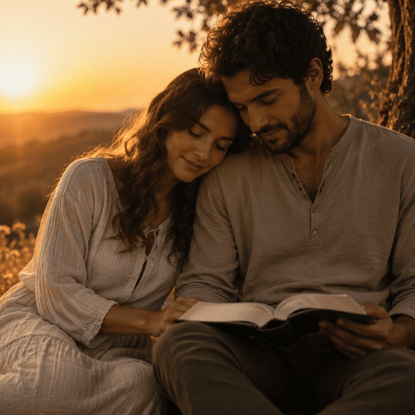 Casal sentado ao ar livre, ela com a cabeça no ombro dele, que lê um livro.