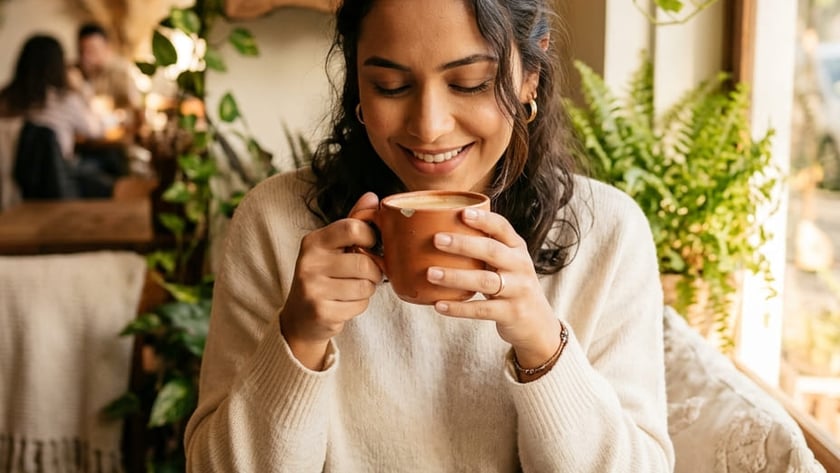 Mulher sorrindo segura uma caneca de cerâmica em um café, com uma Bíblia aberta sobre a mesa.