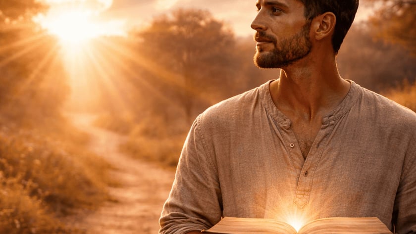 Homem barbudo segura um livro aberto que emite luz, em uma estrada de terra.