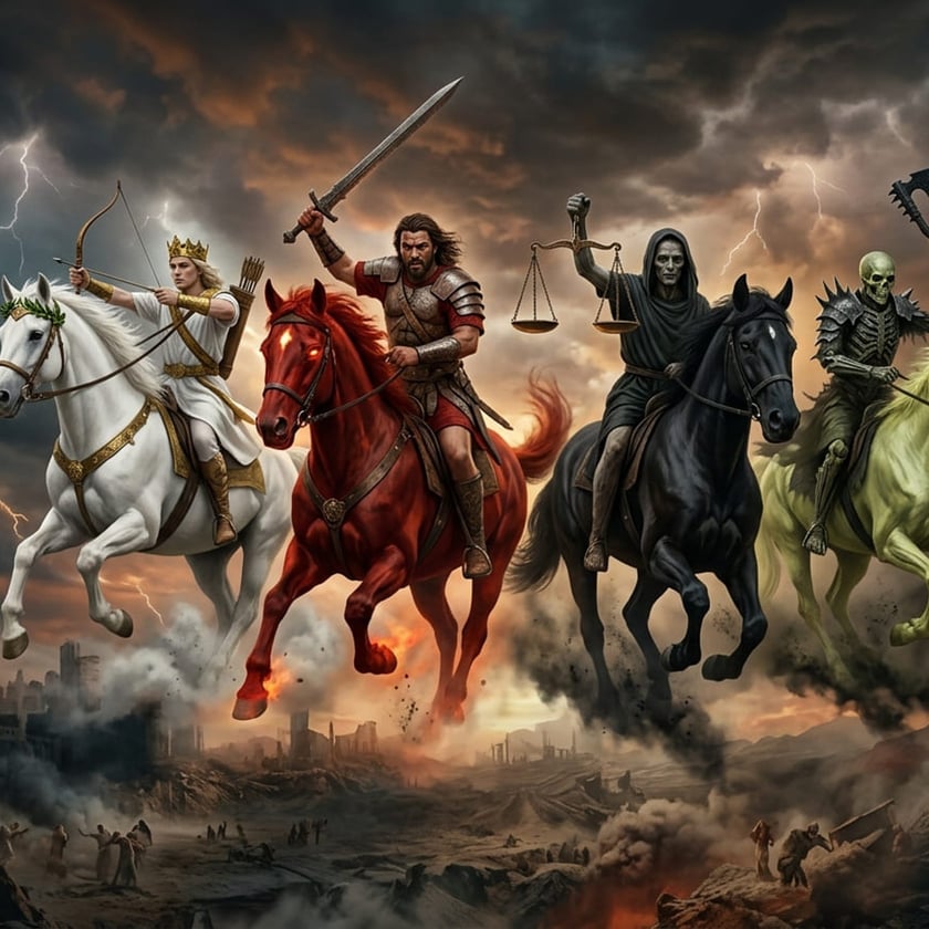 Quatro cavaleiros em cavalos branco, vermelho, preto e verde galopam sobre uma paisagem em ruínas.