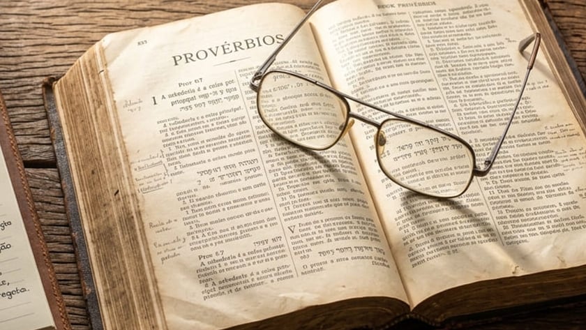 Óculos sobre Bíblia antiga aberta em "Provérbios", em mesa de madeira ao lado de uma xícara.