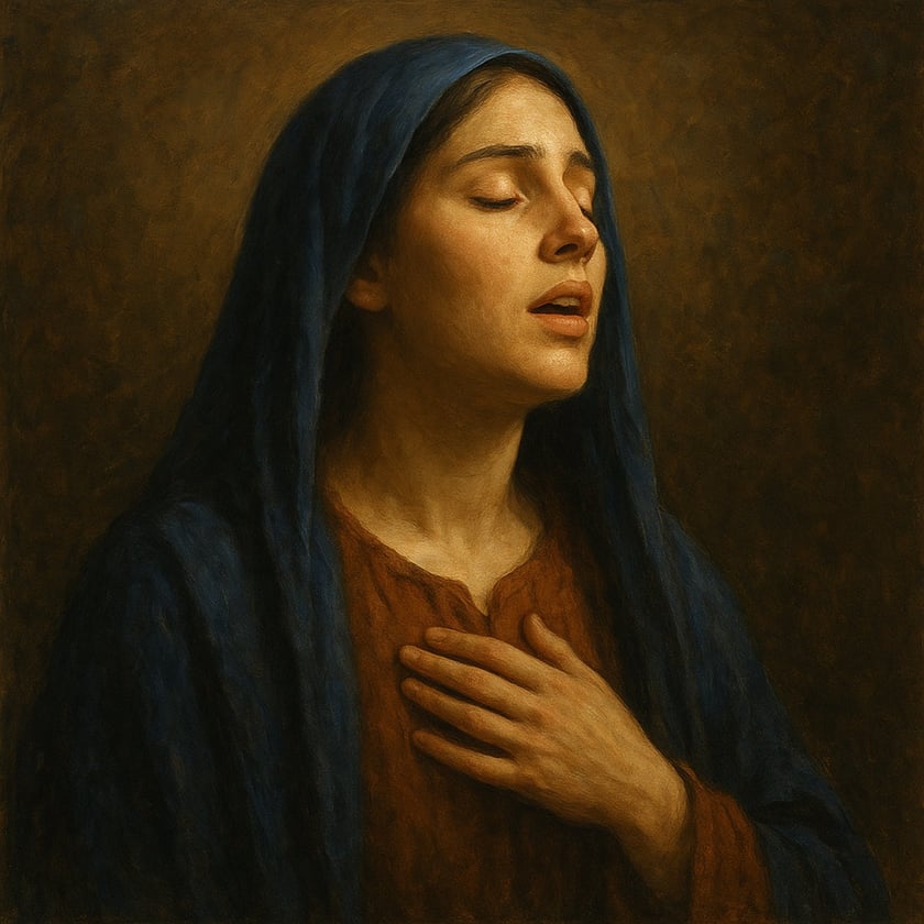 Mulher de manto azul na cabeça, olhos fechados, com a mão sobre o peito.