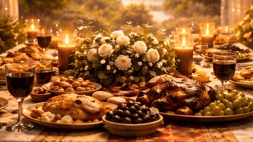Mesa posta ao ar livre com assado, frutas, vinho, velas e rosas brancas.