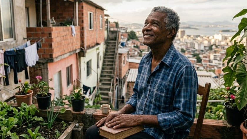 Homem idoso sorri olhando para cima, com um livro no colo, numa comunidade em encosta.