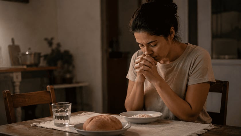 Mulher de olhos fechados e mãos juntas diante de pão, arroz e copo d'água.