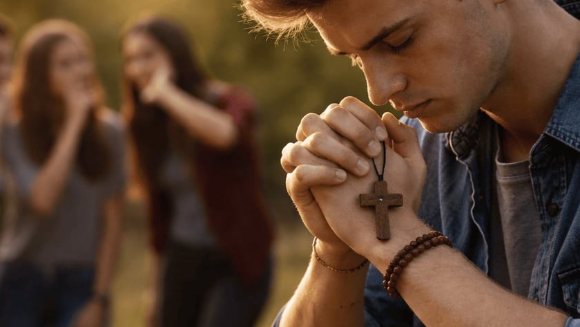 Jovem de olhos fechados reza com um crucifixo de madeira entre as mãos