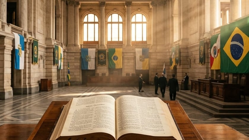 Salão amplo de tribunal com bandeiras e um livro aberto sobre um atril: "JUSTITIA DO RIO DE JANEIRO"
