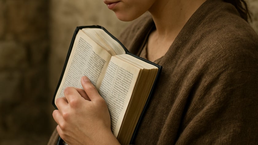 Mulher de olhos fechados e cabeça baixa abraça um livro aberto junto ao peito.