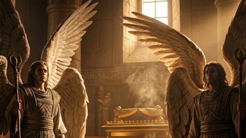 Anjo alado segura um cajado diante de uma arca dourada em um templo de pedra.