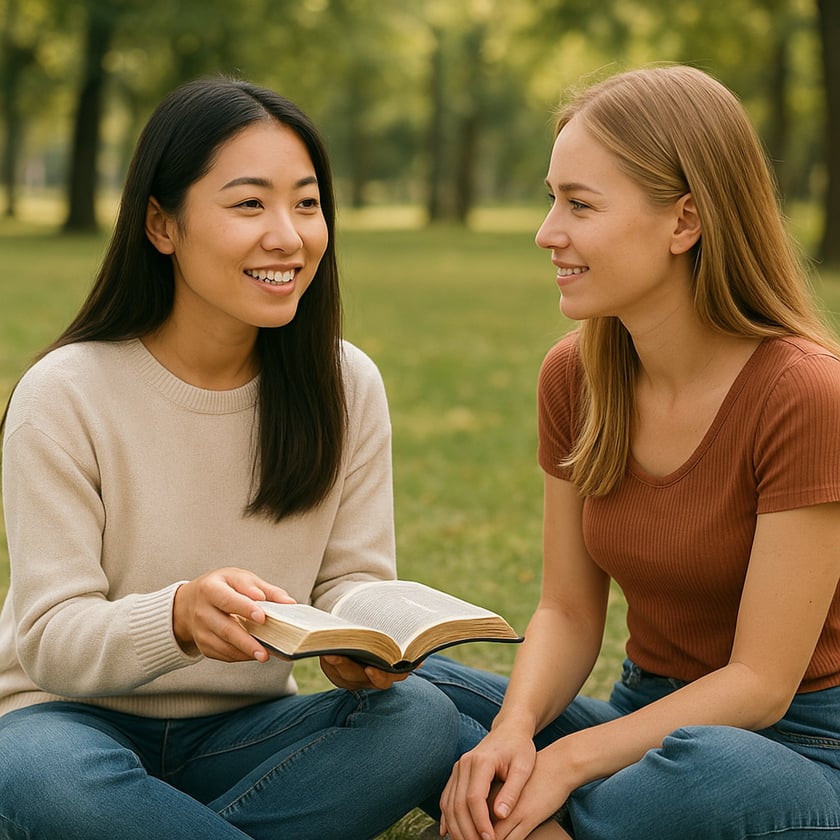 Duas mulheres sentadas na grama de um parque conversam, uma segurando uma Bíblia aberta.