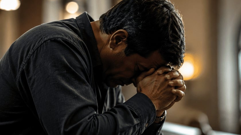 Homem de camisa escura com a cabeça baixa e mãos unidas, sentado num banco de igreja.