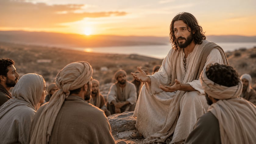 Homem de cabelo comprido e barba, em túnica clara, fala a homens sentados ao pôr do sol.