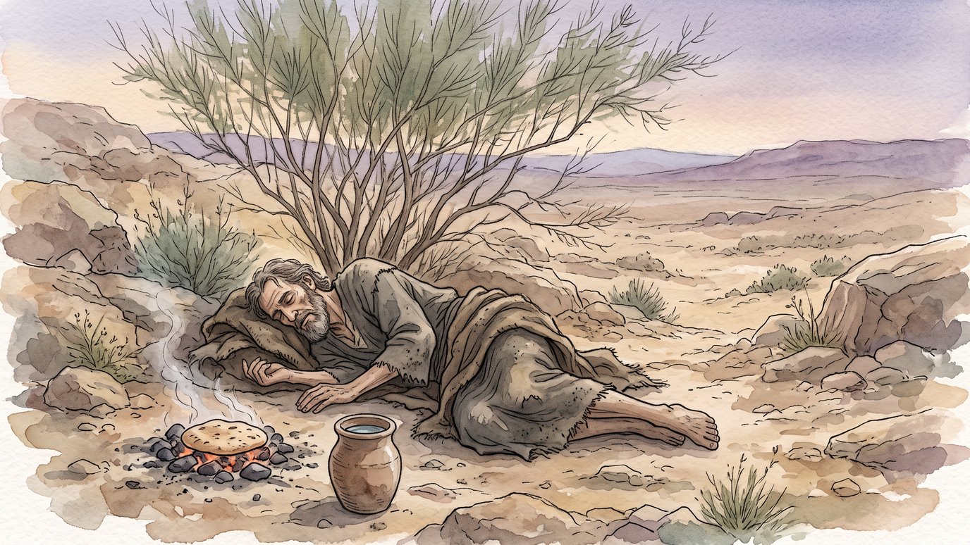 Homem barbudo dorme no deserto sob um arbusto, com pão assado e jarro de água ao lado.