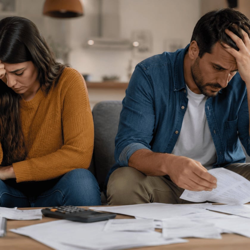 Homem e mulher sentados no sofá, de cabeça baixa, com contas e calculadora na mesa.